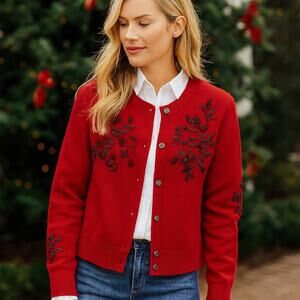 Sundance SZ PS Red Embroidered & Beaded Betty Cardigan Sweater Wool Blend